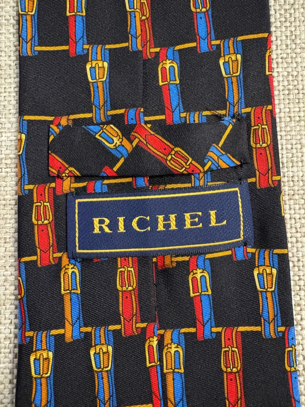Vintage Richel Italian Silk Tie Belt Buckle Equestrian Print 3.5”